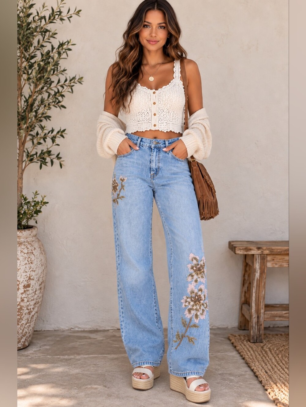 Vintage Y2K Z. Cavaricci Embroidered Floral Beaded Jeans Size 16